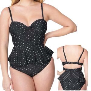 UNIQUE VINTAGE SWIM Women’s L 2 Pc Swimsuit Black White Dotted Retro Flare